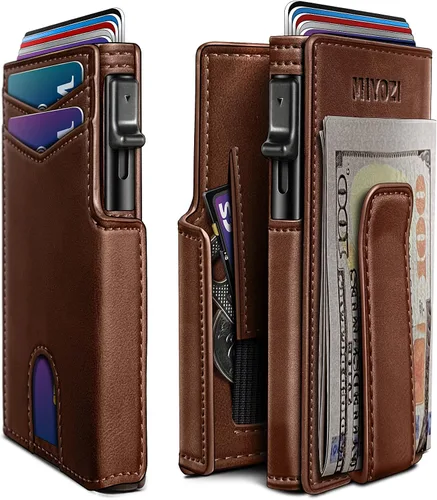 Vista 17 de miyozi Billetera para hombre, con clip para dinero, bolsillo para monedas, ventana para identificación, delgada, bolsillo frontal con bloqueo RFID