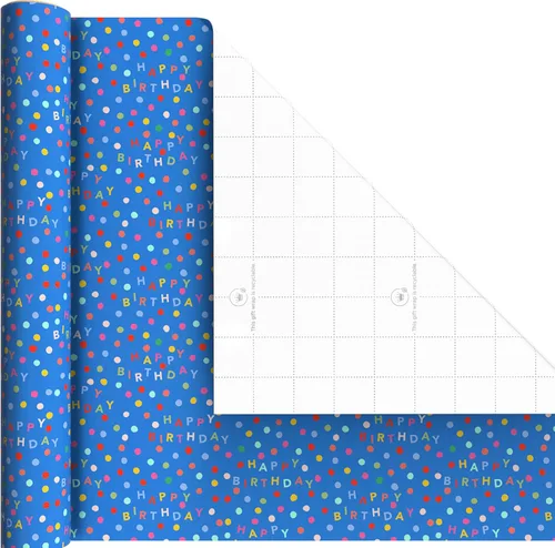 Vista 5 de Hallmark Mini rollos de papel de regalo de cumpleaños, paquete de 3 (rayas de arco iris, globos coloridos, lunares sobre azul) para graduaciones