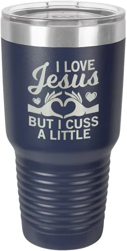 Vista 18 de Taza de viaje con texto en inglés "I Love Jessus I CUSS A LITTLE Engraved Tumbler", de acero con recubrimiento de polvo grabado con láser, sin BPA