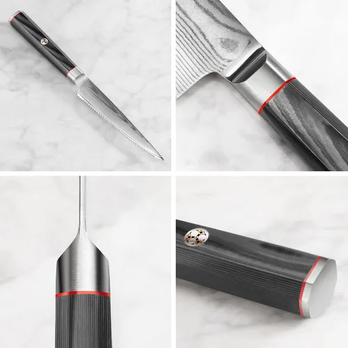 Vista 3 de Cangshan YARI Series 501264 - Cuchillo dentado de 5 pulgadas con funda, acero de Damasco X-7