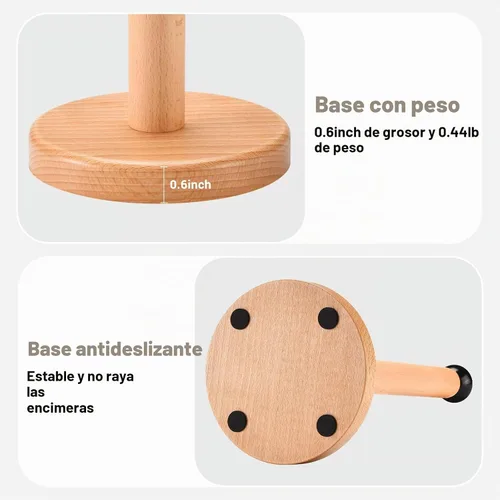 Vista 4 de Soporte para toallas de papel, soporte de rollo de cocina de madera (bola negra)