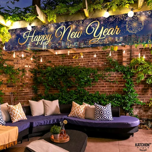 Vista 3 de KatchOn Cartel de Feliz Año Nuevo 2025, extragrande, 120 x 20 pulgadas Suministros para fiestas de Nochevieja 2025, decoraciones nuevas 2025