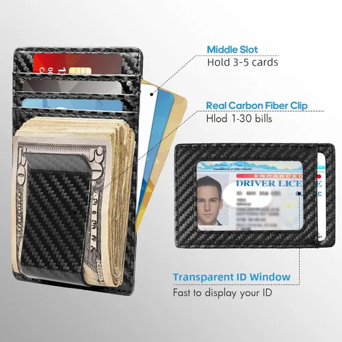 Vista 2 de Travelambo Clip para dinero para hombre, de piel, delgado, minimalista, con bloqueo RFID (tejido negro), Tejido negro, Minimalista