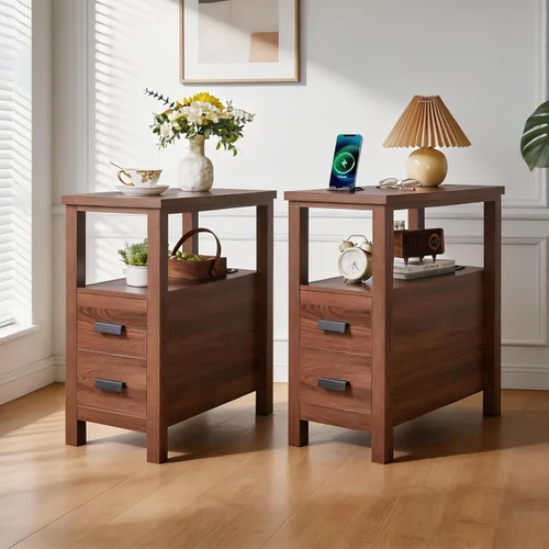 Vista 7 de Wood End Table Side Table Nightstand with 2 Drawer & USB Ports & Outlets 11.81in-brown
