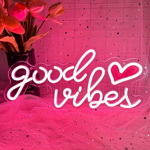 Vista 10 de Good Vibes - Letrero de neón LED para decoración de pared, luces de neón azules para dormitorio y fiesta, luz de neón brillante alimentada por USB