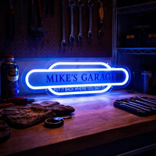 Vista 3 de Letrero de neón de garaje azul personalizado con calcomanías, letrero de luz LED de acrílico personalizado hecho a mano, letrero de neón LED