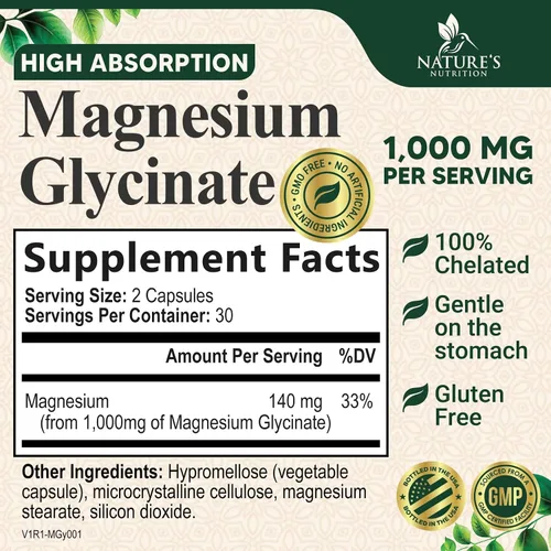 Vista 2 de Glicinato de magnesio 1000mg – Magnesio quelado para soporte de huesos, músculos, nervios y corazón, 500mg por cápsula para ultra absorción, soporte