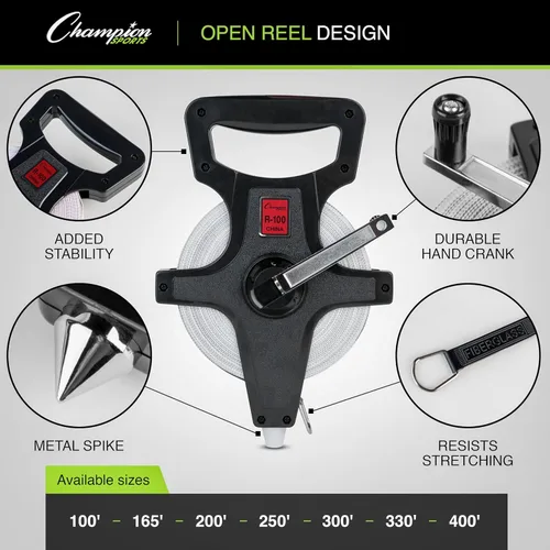 Vista 3 de Champion Sports Cintas medidoras de carrete abierto: manivela duradera con punta de metal, pies y medidores de doble cara, perfectas para pista