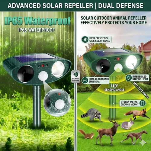 Vista 5 de Repelente ultrasónico de ciervos Squirrel Racoon Fortress Pro Repelente ultrasónico de gatos para exteriores, repelente solar de animales
