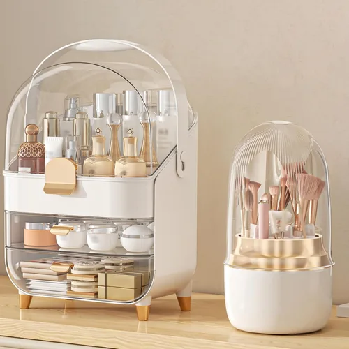 Vista 9 de Organizador de maquillaje, soporte para cuidado de la piel organizador de tocador, caja de almacenamiento vitrinas de cosméticos, regalos