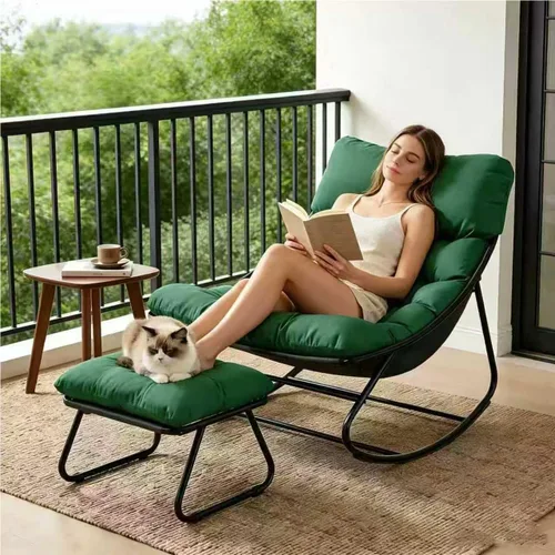 Vista 12 de Mecedora para interiores, cómoda silla de patio, mecedora con otomana y marco de metal resistente, sillas de balcón con cojín grueso, silla mecedora