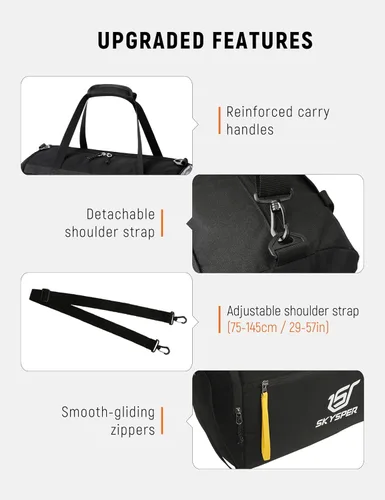 Vista 4 de SKYSPER Bolsa deportiva pequeña de 30L con bolsillo húmedo para deportes, viajes, fitness y entrenamiento para hombres y mujeres (negro)