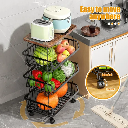 Vista 6 de Gsiekare Cesta de frutas y verduras para cocina, cestas de almacenamiento de 4 niveles apilables con ruedas, cestas organizadoras de almacenamiento
