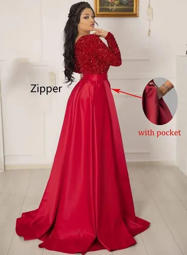 Vista 3 de WilFiks Vestidos formales de manga larga para mujer, vestido largo de satén con lentejuelas, vestido de baile de graduación, vestido de dama