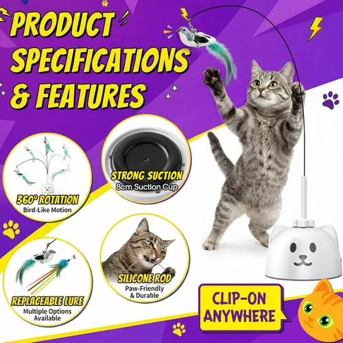 Vista 3 de Juguetes interactivos para gatos de interior: Varita de plumas de ave voladora con giro automático de 360° mejorada con varilla protegida de Blanco