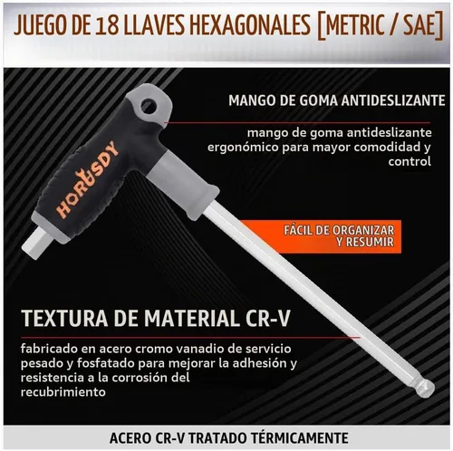 Vista 5 de HORUSDY Juego de llaves Allen de 18 piezas con mango en T, juego de llaves hexagonales de extremo de bola de brazo largo, mm (0.059 in-0.394 in) SAE