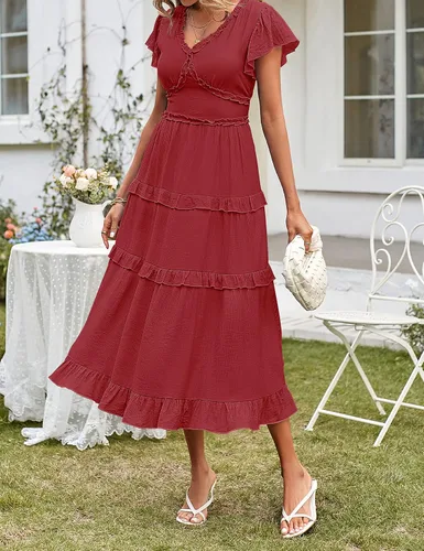 Vista 8 de MEROKEETY Vestido de verano casual para mujer 2023 con cuello en V, manga con volados, cintura alta, volantes y escalonado
