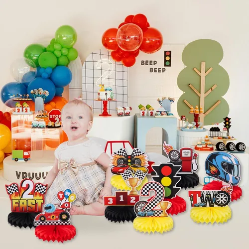 Vista 4 de 9 piezas de centro de mesa de auto de carreras de 2º cumpleaños Let's Go Racing Two Fast Birthday Party Decoración de mesa de auto de carreras