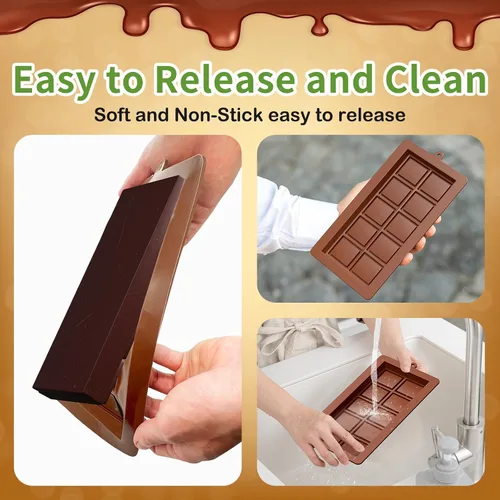 Vista 10 de Juego de moldes de chocolate Dubai 2 piezas, moldes de barra de chocolate de silicona grandes y gruesos de 0.79 pulgadas de profundidad y raspador