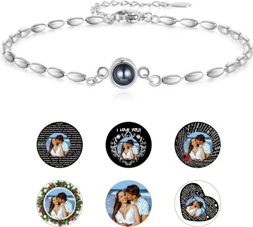 Vista 21 de Pulsera con inicial personalizada con imagen en el interior, cuerda de proyección de fotos personalizada para hombres y mujeres, regalo