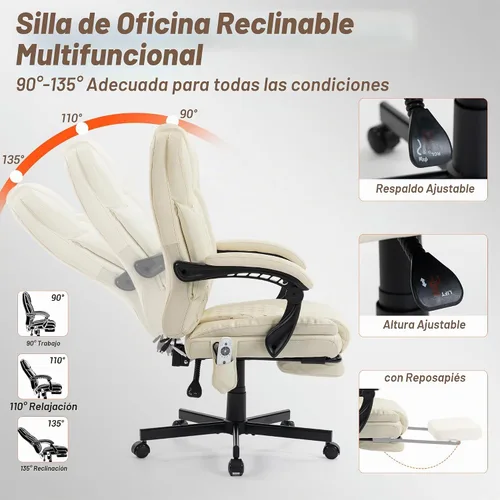 Vista 5 de Silla de oficina de masaje con reposapiés, sillas ejecutivas de calefacción por vibración de 6 puntos, silla ejecutiva ergonómica para oficina