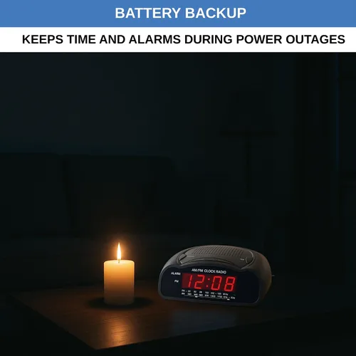 Vista 5 de Reloj despertador digital Radio reloj AM/FM con pantalla LED roja, alarma fuerte para personas que duermen mucho Reloj de escritorio o de noche