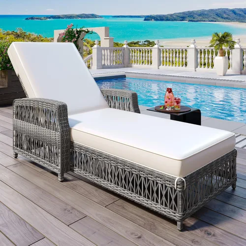 Vista 24 de Tumbona reclinable para patio al aire libre con respaldo ajustable de 5 posiciones y mesa auxiliar de madera, silla lounge para todo tipo de clima