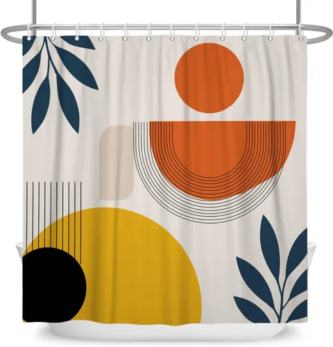 Vista 10 de Cortina de ducha moderna y bohemia, cortinas de ducha minimalistas estéticas azules de mediados de siglo para baño, cortinas de baño impermeables