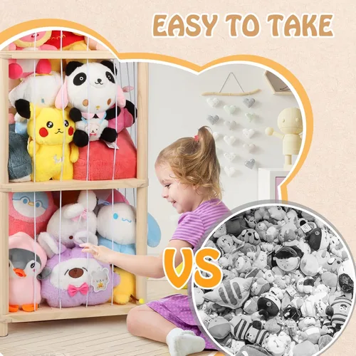 Vista 5 de Organizador de juguetes de peluche de madera de zoológico de 53 pulgadas, organizador de juguetes de peluche con anclajes antipunta, organizador
