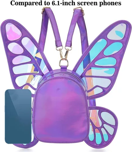 Vista 3 de Mochila holográfica láser para mujer, diseño de alas de ángel de mariposa, casual, mochila de hombro para niñas jóvenes, Morado, S, Mochilas Daypack