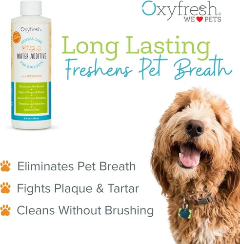 Vista 2 de Oxyfresh Premium Cuidado dental para mascota, aditivo para el agua, elimina el mal aliento, combate sarro, placa, solo tienes que añadirla al agua