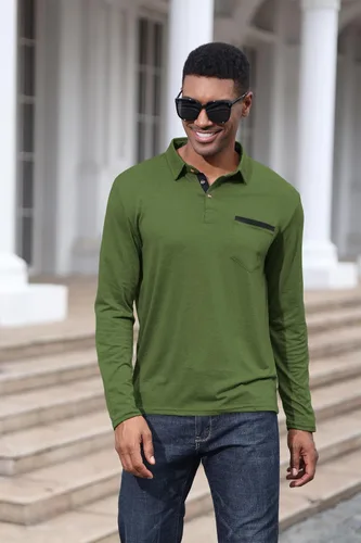 Vista 3 de Polo de algodón clásico de manga larga con botones térmicos y bolsillo para hombre
