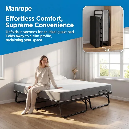 Vista 4 de Cama plegable con colchón de espuma viscoelástica de 5 pulgadas, cama portátil de invitados de 75 x 31 pulgadas, marco de acero, ruedas