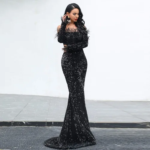 Vista 3 de Vestido de noche para mujer, largo hasta el suelo, sin hombros, sin espalda, de manga larga, con plumas y lentejuelas, para fiestas y matrimonios