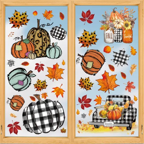 Vista 8 de Horaldaily 40 calcomanías de Halloween para ventana, Jack-O-Lantern, calabaza, camión, gnomo, fantasma, murciélagos, gatos, suministros de fiesta