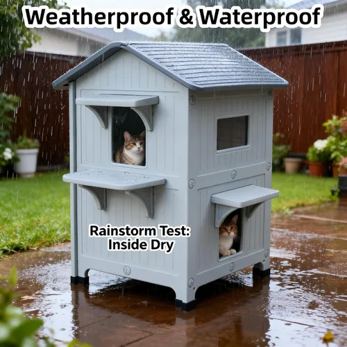 Vista 2 de Casa para gatos al aire libre, casas de 2 pisos al aire libre para gatos salvajes, refugio exterior de plástico, resistente a la intemperie