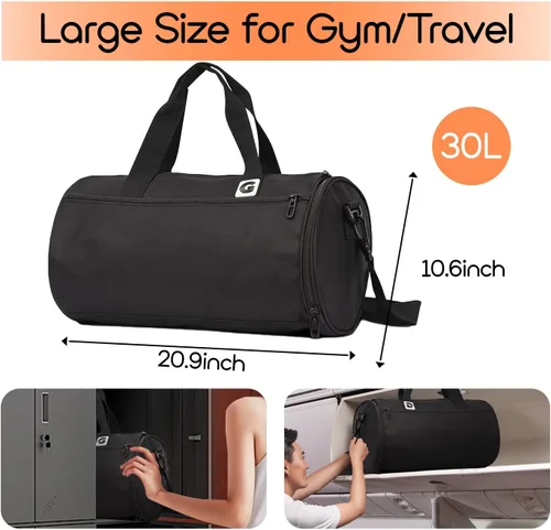 Vista 2 de Bolsa de gimnasio para hombres y mujeres, bolsa deportiva de entrenamiento con bolsillo húmedo y compartimento para zapatos, Negro
