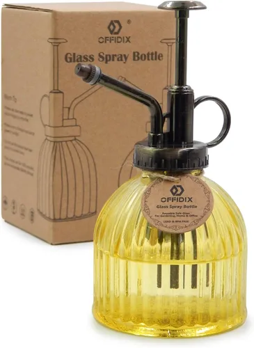 Vista 10 de OFFIDIX Botella rociadora de vidrio transparente, 6.3 pulgadas de alto, estilo vintage con bomba superior de plástico de bronce, regadera de vidrio