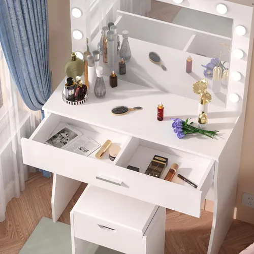 Vista 3 de Tocador con espejo iluminado, juego de tocador de maquillaje con taburete de almacenamiento, mesa de maquillaje con cajón grande, mesa de tocador