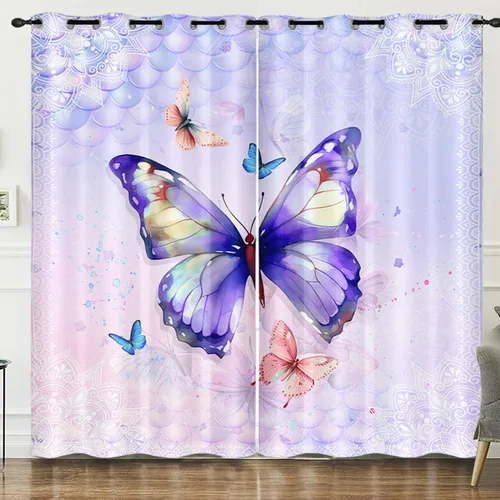 Vista 10 de HOSIMA Cortinas mágicas de hongos 2 paneles, cortinas de mariposa floral con mandala para sala de estar, decoración de habitación de moda para niñas
