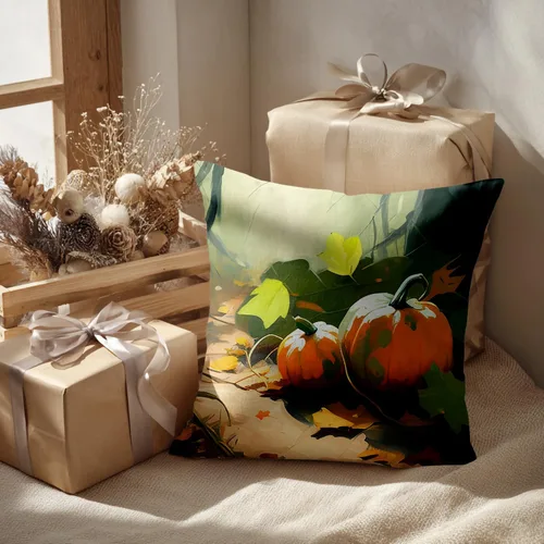 Vista 2 de Batmerry Autumn Pumpkin Templeton Throw Pillow Covers, Green Leaves Paths Forests Decorative Pillow Covers Digital Printing Blended for Couch Sofa