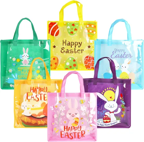Vista 8 de Aviski 12 bolsas de caza de huevos de Pascua feliz, bolsa de regalo de huevo de zanahoria con asas, bolsas de regalo de Pascua, envoltura de regalos