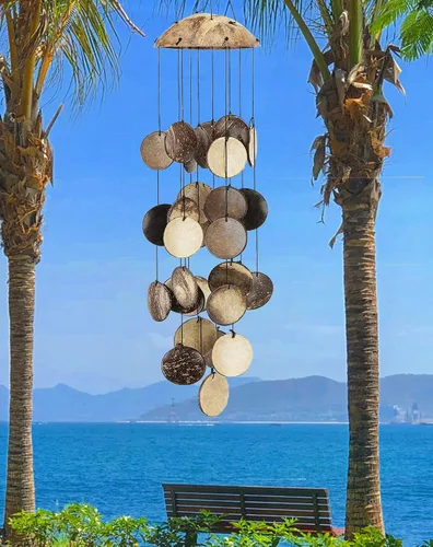 Vista 7 de Campanillas de viento de cáscara de coco para exteriores, campanillas de viento de madera hechas a mano de bambú para exteriores, mitad superior