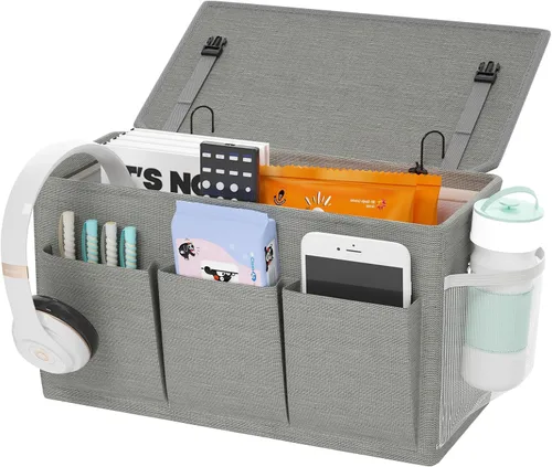 Vista 19 de Edudif Organizador de cabecera de cama de doble propósito, organizador de mesita de noche con 6 bolsillos, organizador de cama versátil con solución