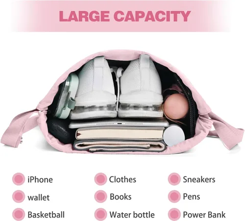 Vista 6 de BAVELOE Mochila con cordón y bolsillo húmedo, mochila de gimnasio resistente al agua, portabotellas, bolsa de cuerda para mujeres y hombres, Rosado