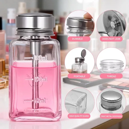 Vista 3 de 2 piezas de botella dispensadora de bombeo transparente de 6 oz / 180 ml con tapa de metal abatible, botella dispensadora de removedor de esmalte