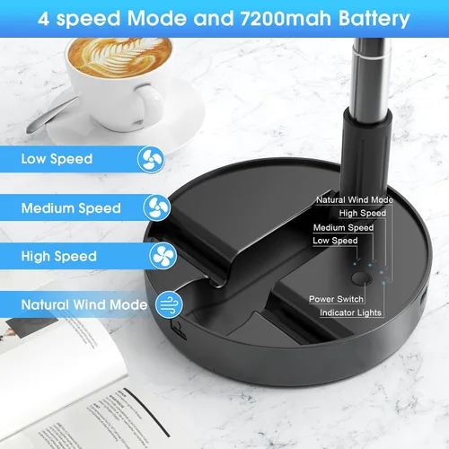 Vista 3 de Belife X8-Lite - Ventilador portátil, recargable con batería de 7200 mAh, ventilador de piso de escritorio USB con control remoto, ventilador Negro