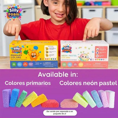 Vista 8 de Espuma Tonta, Cuentas de Espuma de Modelado Creativo, Paquete de 2 de 6 Primarios + 6 Bloques Pastel Neón, Sin Slime Sin Desorden, Perfecto