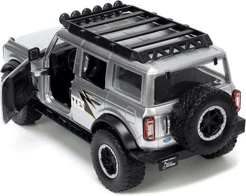 Vista 4 de Jada Toys Just Trucks 1:24 2021 Ford Bronco - Coche fundido a presión gris con estante para neumáticos, juguetes para niños y adultos