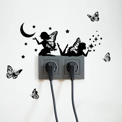Vista 4 de SUPERDANT Calcomanías de pared de hadas de mariposa negra, elfos, estrellas, luna, interruptor de decoración, pegatina de despegar y pegar